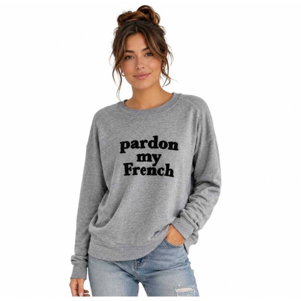 Old Navy Gray Pardon My French Graphic Sweatshirt Boxy Crew Neck M Paris 61-11